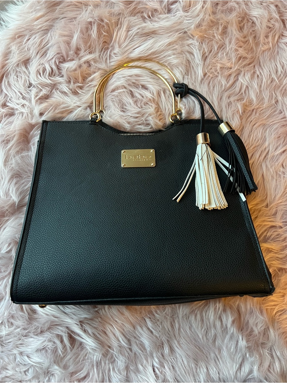 bebe Black Tote with Gold Handles and Black & White Tassels